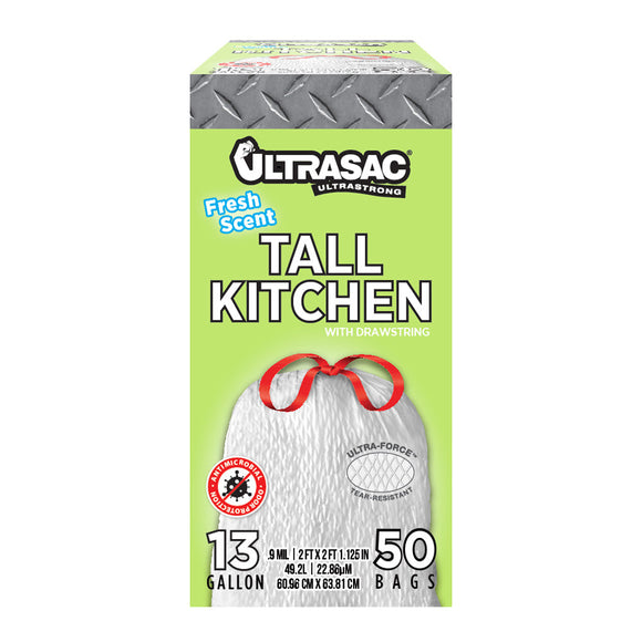 Ultrasac 13加仑0.9毫升新鲜气味的白色细绳高厨房垃圾袋,- 24