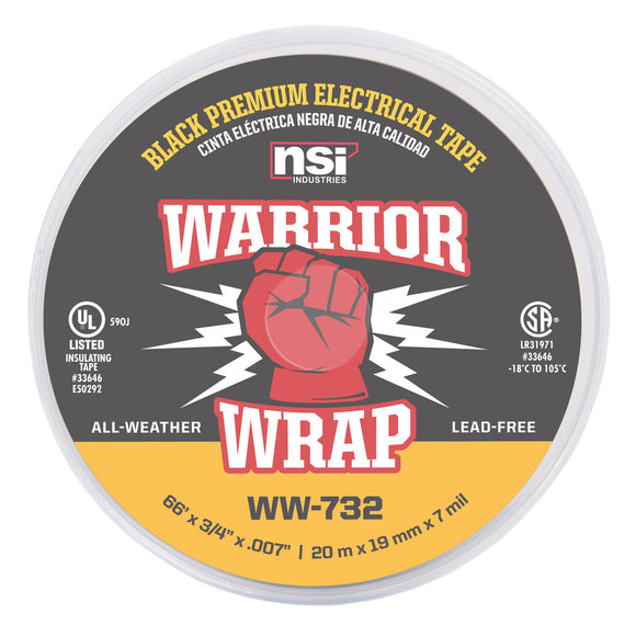 NSI行业ww - 732 WarriorWrap溢价3/4。x 66英尺。7毫升乙烯大型电工胶带,黑色的