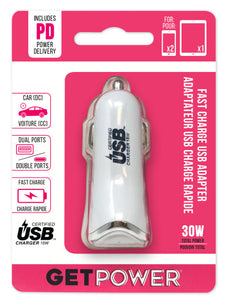 GetPower®快速充电双端口直流汽车适配器30 w USB-C™PD