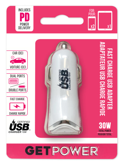 GetPower®快速充电双端口直流汽车适配器30 w USB-C™PD
