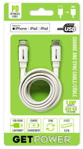 GetPower®3英尺。注册苹果闪电®®USB-C™PD优化3 amp /同步电缆